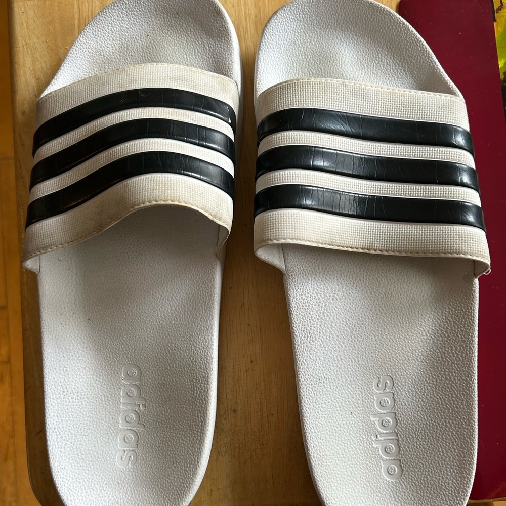 Adidas White and Black Slide Sandals